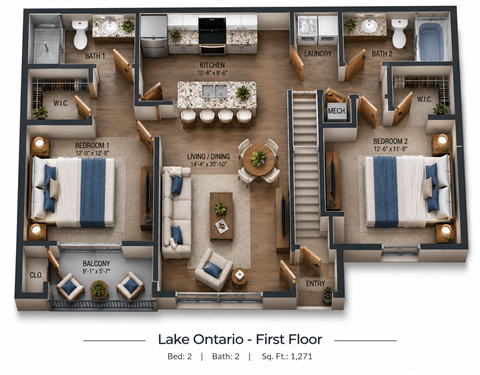 Floor plan for 2 beds, 2 baths, 1299 sqft